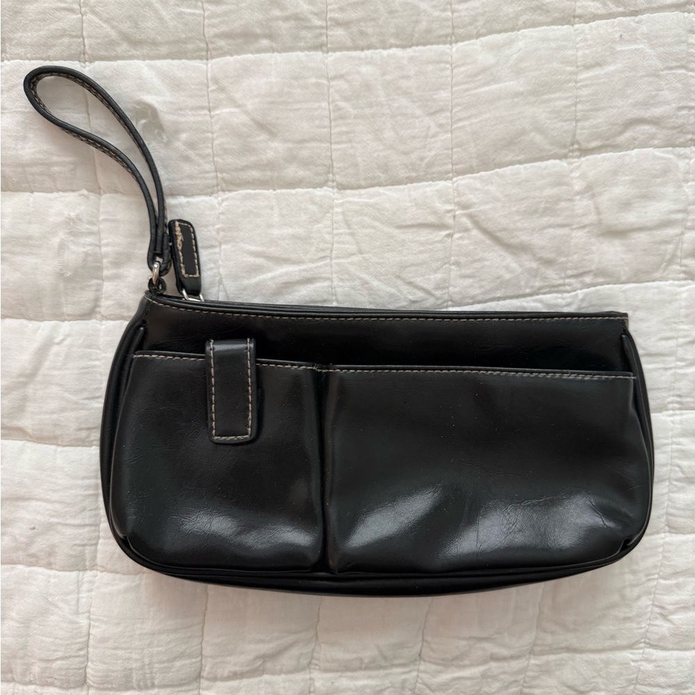 Small Y2K Black Leather Wristlet Clutch